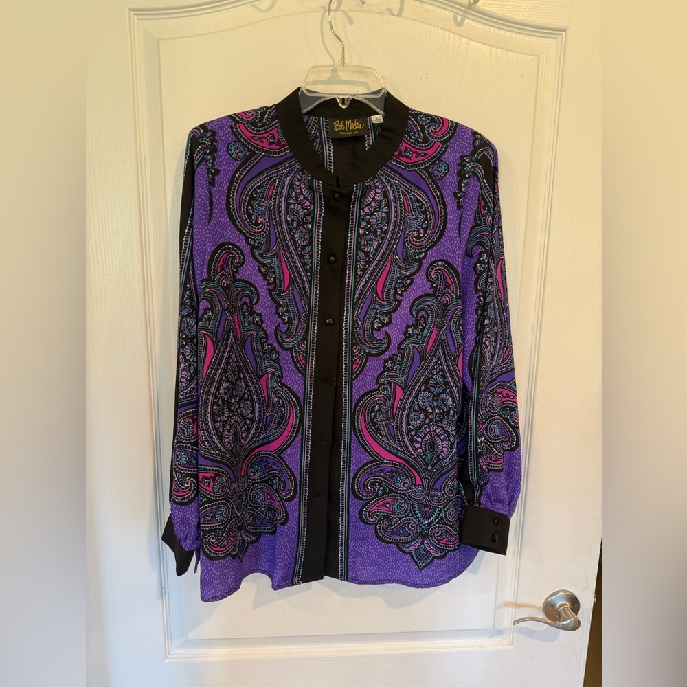 Bob Mackie Wearable Art Womens Purple Paisley Satin Long Sleeve Blouse large - Picture 2 of 7